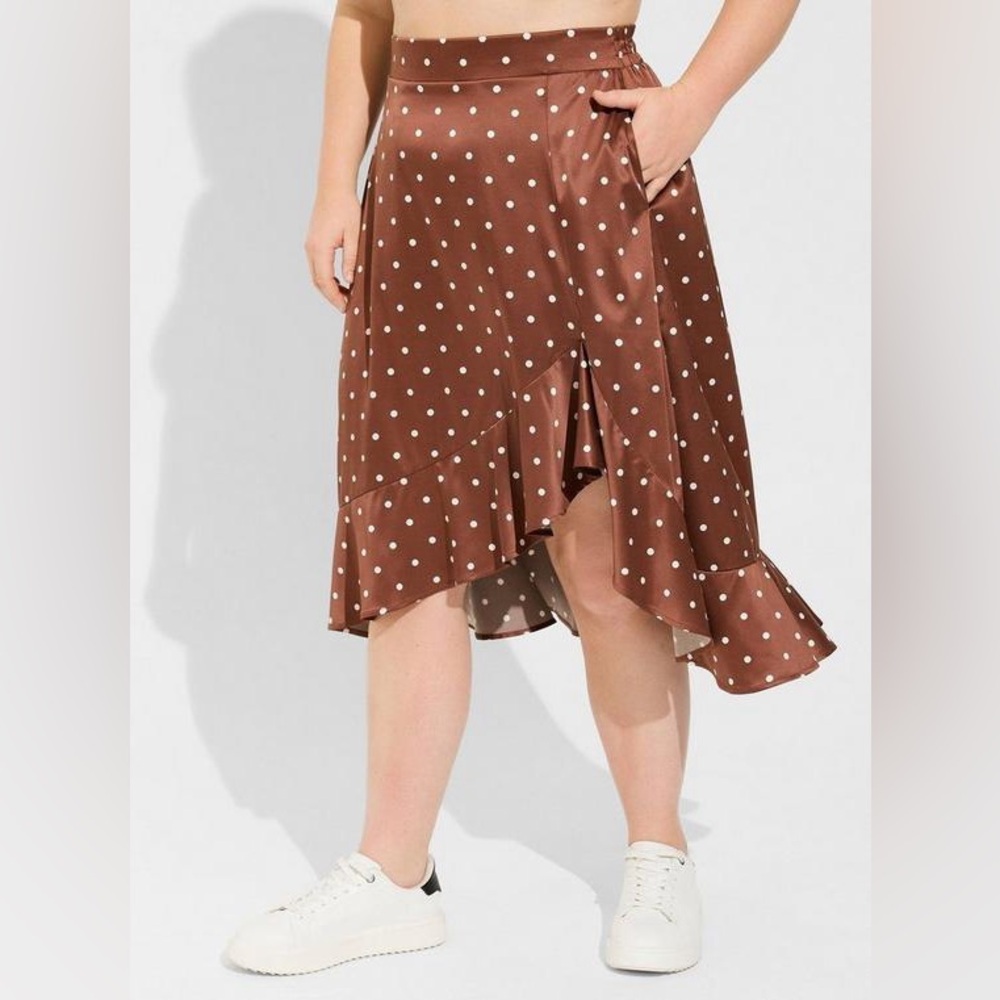 Torrid Copper Brown Stretch Satin Hi-Low Ruffle Polka Dot Midi Skirt